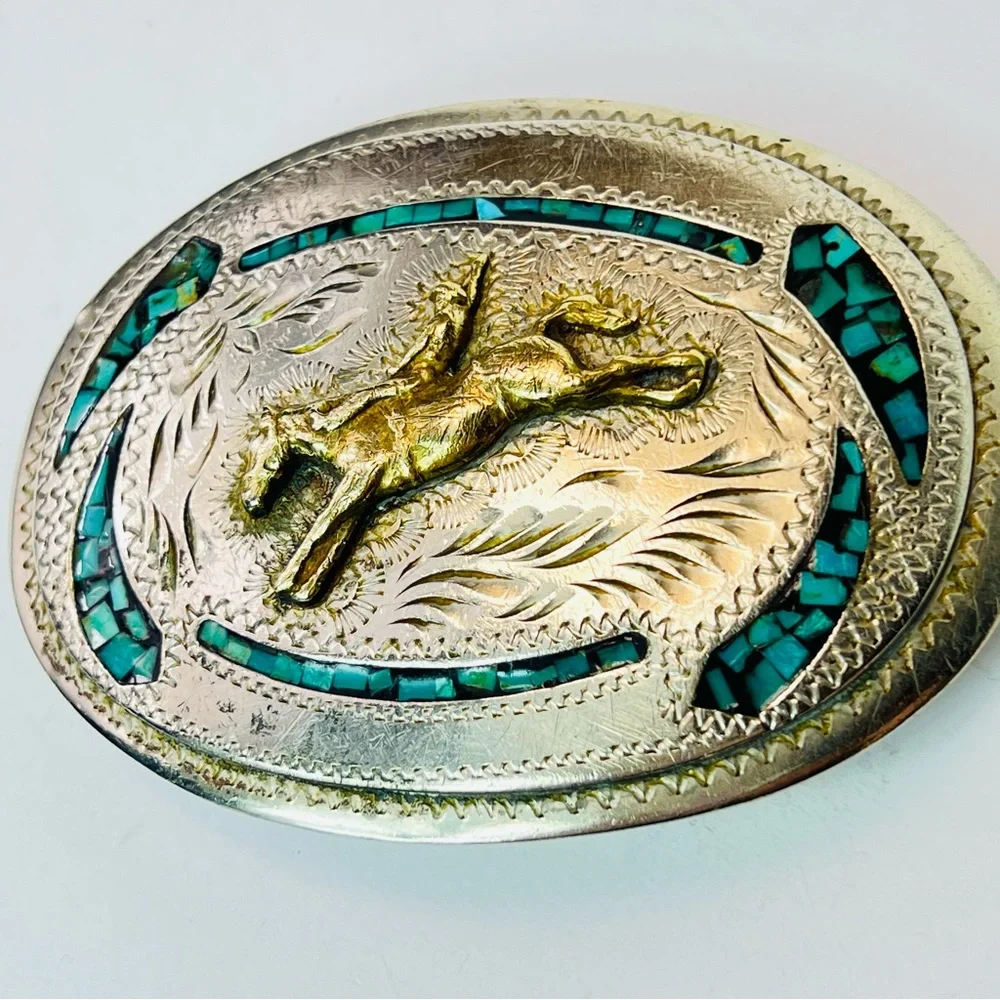 Vintage Native Turquoise Inlay Nickel Silver Bucking Bronco Belt Buckle Western